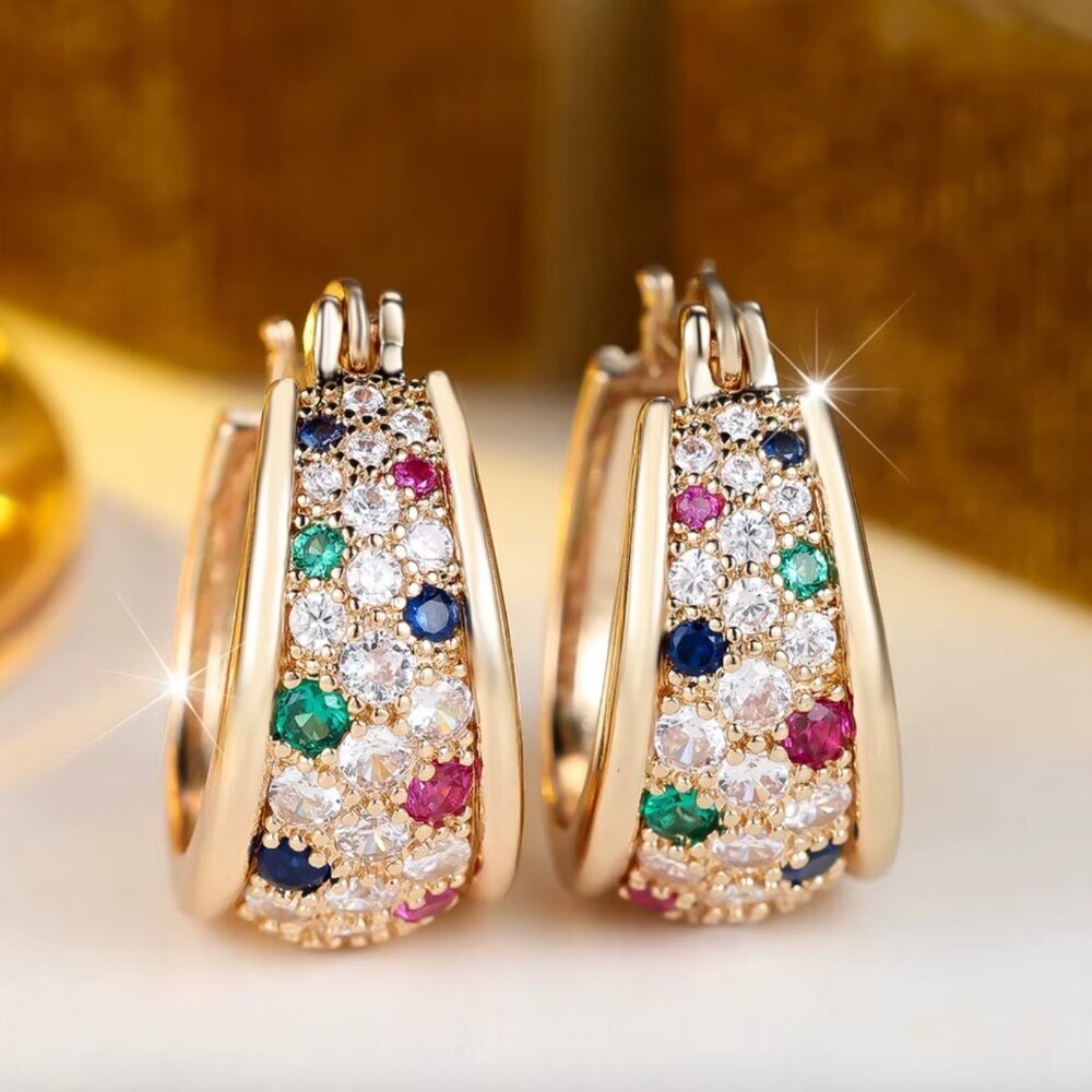 NEW 18k Yellow Gold Diamond Hoop Earrings Pave Diamonds and Gemstones